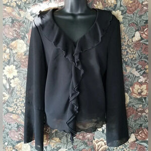 🇨🇦 80s Black Sheer Blouse With Ruffle Size Medium